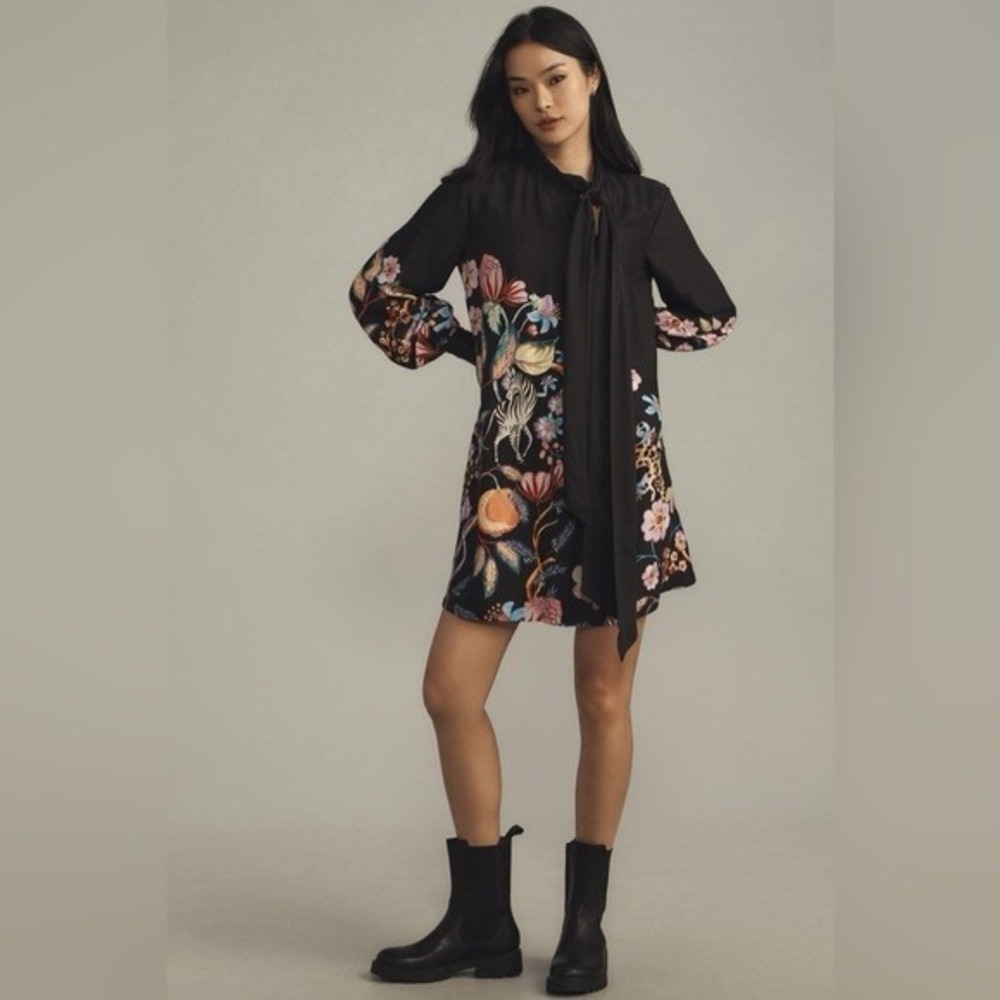 Maeve Anthropologie Tie-Neck Mini Dress Size S Black Floral Animal Print NWT